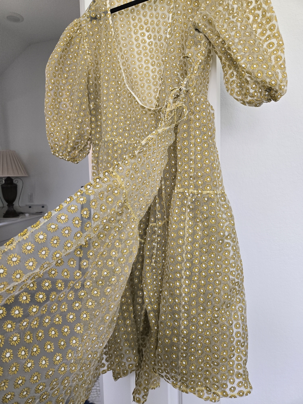 Topshop Gold Wrap Tie Midi Dress with Puff Sleeves. 0026 - Picture 8 of 9